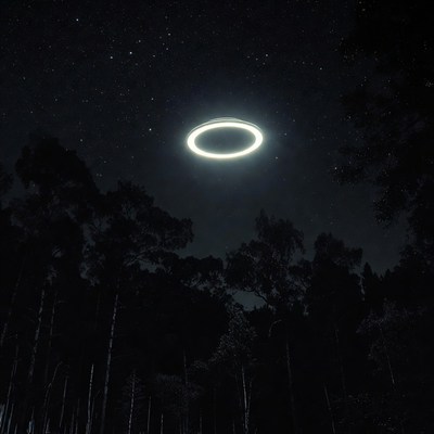 Bright ring above dark forest at night