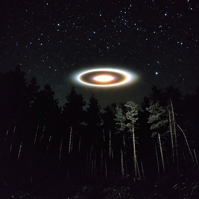 Bright ring in night sky over forest