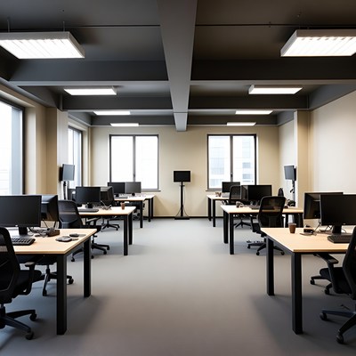Empty office space with computers and desks