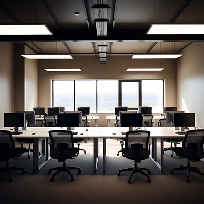 Modern office space with desks and computers