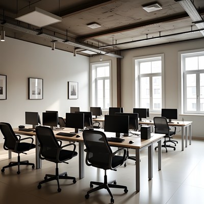 Office setup with empty desks and computers