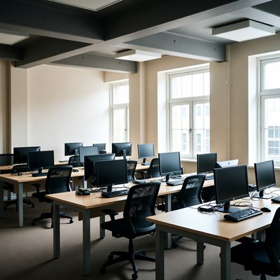 Empty office workspace with computers