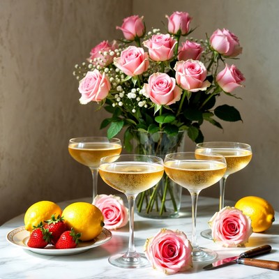 Drink and flowers at a table
