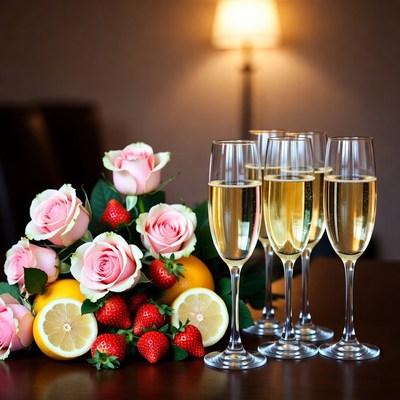 Champagne and flowers in romantic setting