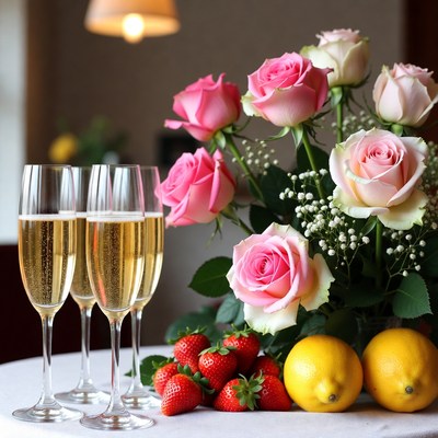 Celebration with drinks and flowers