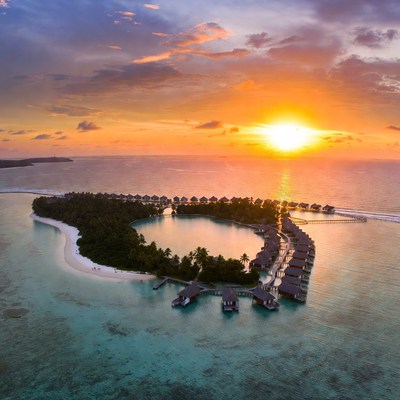 Sunset over tropical island resort