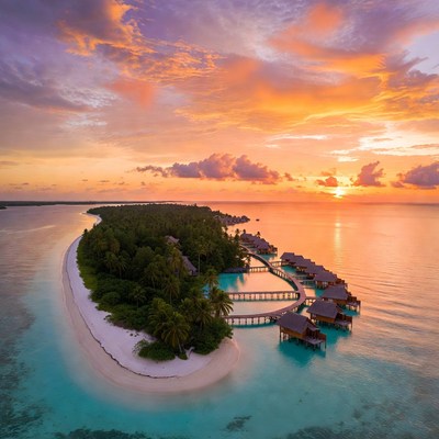 Sunset over tropical island resort