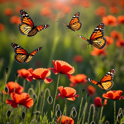 Butterflies flying over poppy flowers