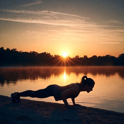 Woman exercises at sunset by water