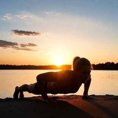 Woman doing push-ups at sunset by water