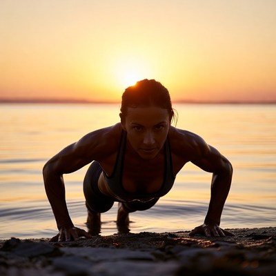 Woman doing push-ups by water at sunset
