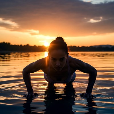 Woman doing push-ups at sunset