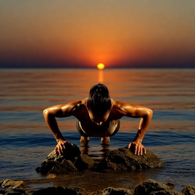 Push-ups at sunset by the sea
