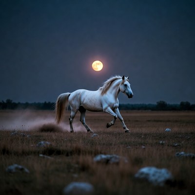 White horse runs under full moon