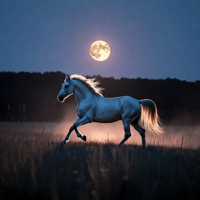 Horse running under full moon