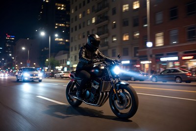 Motorcycle ride through city streets at night