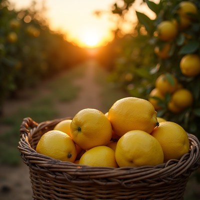 Fresh lemons in a basket at sunset