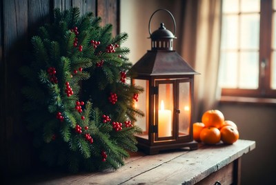 Christmas decor with lantern and wreath
