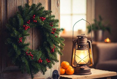 Holiday wreath and lantern scene at home