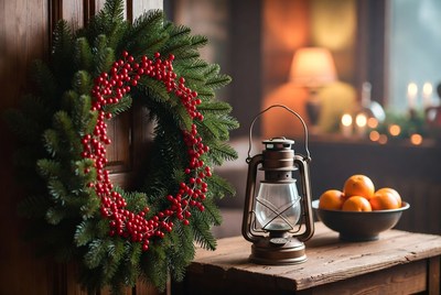 Holiday wreath and lantern display