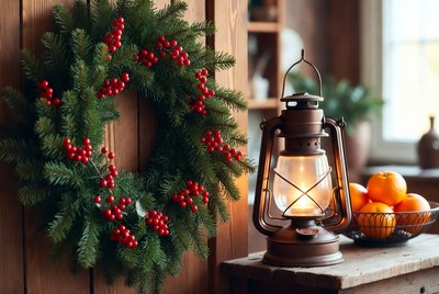 Holiday decor with lantern and wreath