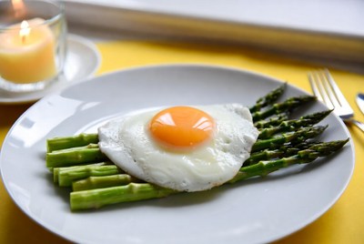 Fried egg with asparagus on plate