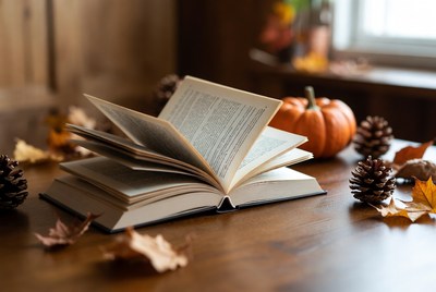 Open book on wooden table