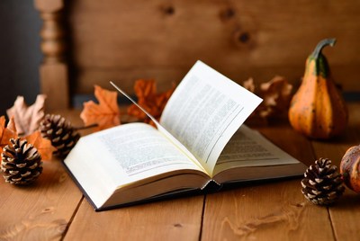 Open book with autumn decor on table