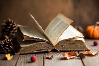 Open book with autumn decorations on table