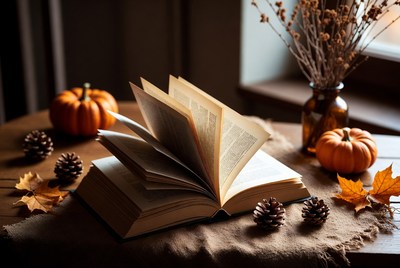 Open book with autumn decor on table