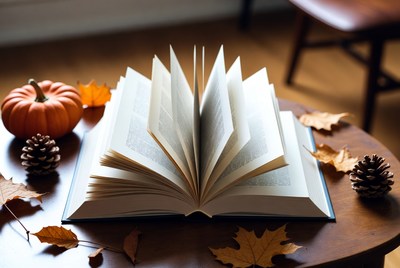 Open book on wooden table in fall