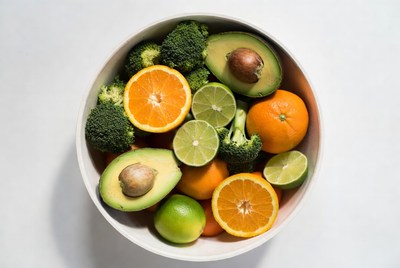Mixed fruit and vegetable bowl on a table
