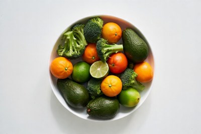 Fresh fruits and vegetables in a bowl