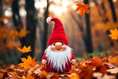 Toy gnome in autumn forest scene