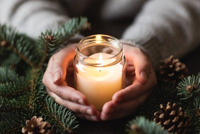 Candle and hands among pine branches