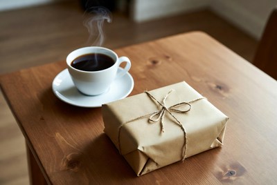 Warm coffee next to a wrapped gift