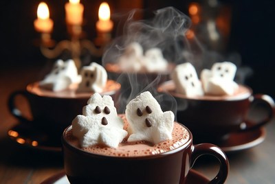 Hot cocoa with ghost marshmallows for halloween