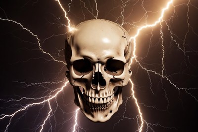 Skull surrounded by lightning bolts