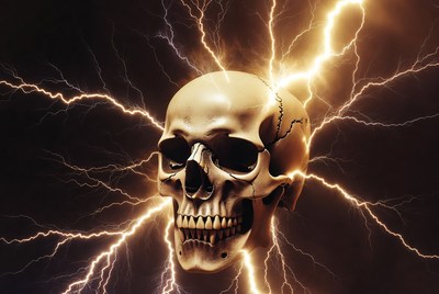 Skull with lightning effects in dark setting