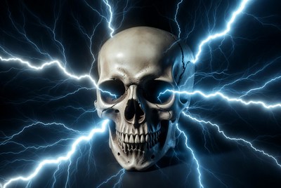 Skull with electric energy in dark