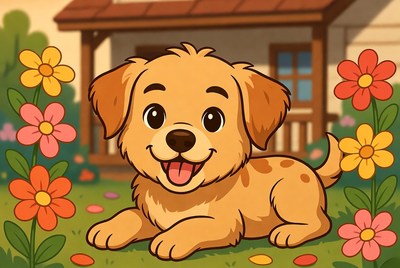 Happy puppy in a garden setting