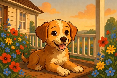 Happy dog on porch at sunset