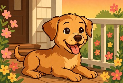 Happy dog on porch at sunset