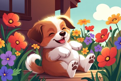 Happy puppy playing outdoors in flowers