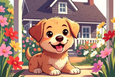 Cute puppy sitting in garden