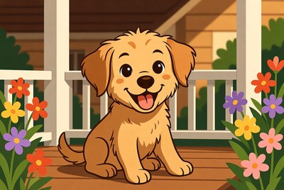 Happy puppy on front porch