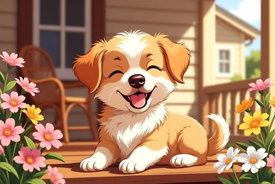 Cute puppy sits on porch