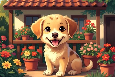 Cute dog on garden porch