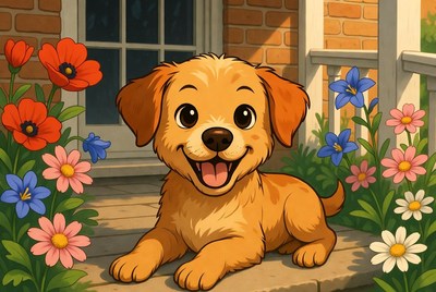 Happy puppy in a garden