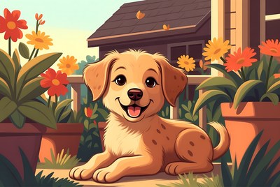 Happy dog in garden flowers
